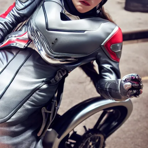 Prompt: photo of girl wearing motorcycle gear laying on chrome bed, shot from overhead, octane render, hdri, super realistic, smooth render, unreal engine 5,