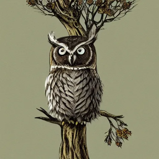 Prompt: owl with transverse flute sitting on a tree, concept art