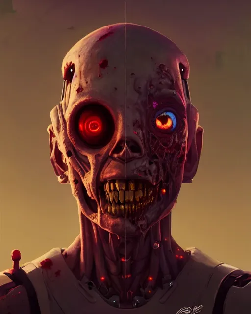 Prompt: highly detailed vfx portrait of a character of a zombie robot, stephen bliss, unrealengine, greg rutkowski, loish, rhads, beeple, makoto shinkai and lois van baarle, ilya kuvshinov, rossdraws, tom bagshaw,