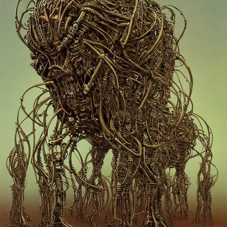 Image similar to organic cyborg alien skeleton alien centipede planet face style of peter gric zdzislaw beksinski surrealism poster art