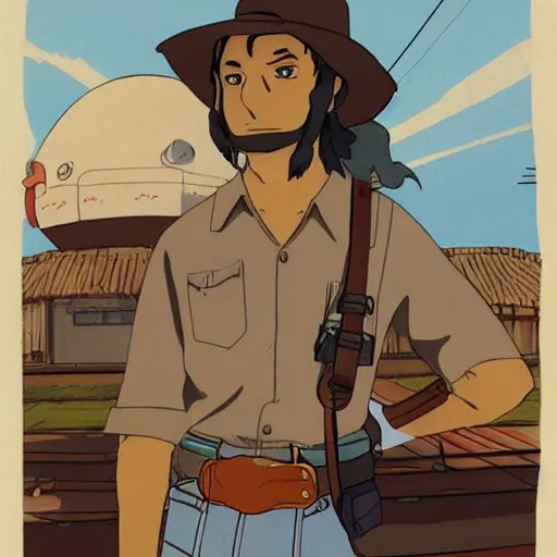 Prompt: scruffy american cowboy, studio ghibli, retrofuturism