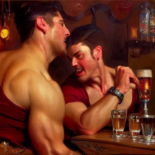 Image similar to attractive masculine mike, wearing pants, with dark red hair with attractive tyler with black hair, drinking their hearts out, in a pub, no shirt. very defined and highly detailed painting by gaston bussiere, j. c. leyendecker, craig mullins 8 k