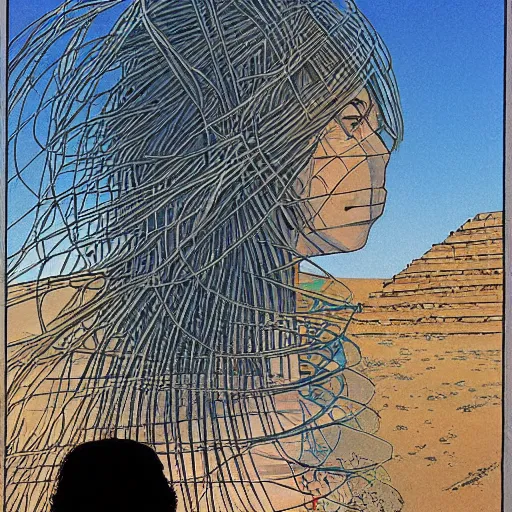 Image similar to A beautiful installation art. Wind snapped at me, warm and fragrant. The atmosphere was thick with pollen and micro-organisms, goading my body’s ancient defences. in Egypt by Naoki Urasawa, by Jean Giraud spontaneous