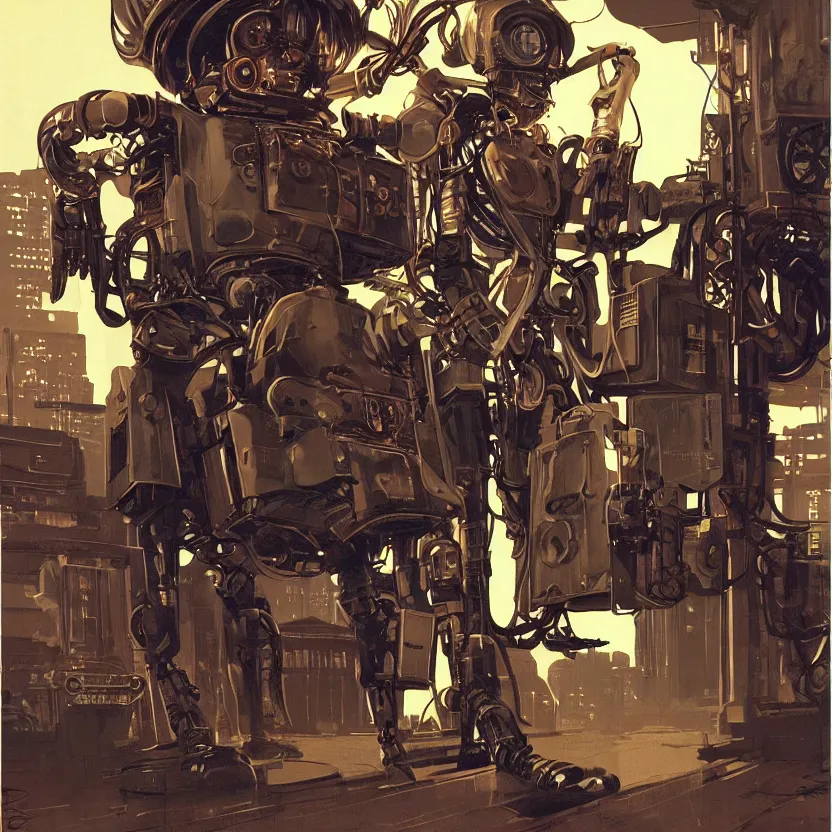 Image similar to steampunk robot boy with a retrofuturistic backpack by syd mead and norman rockwell. highly detailed digital art. retrofuturism. steampunk. beautiful lighting. trending on artstation.