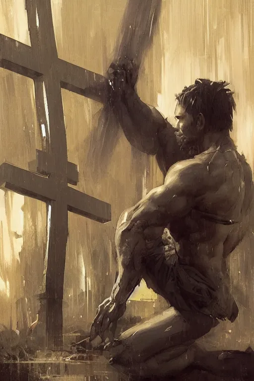 Image similar to man kneeling at the foot of a wooden cross, dramatic lighting art by Yoji Shinkawa by Richard Schmid by greg rutkowski by Sandra Chevrier by Jeremy Lipking cinematic dramatic, by frank miller, illustration by Ruan Jia and Mandy Jurgens and William-Adolphe Bouguereau, Artgerm, 4k, digital art, surreal, space dandy style, highly detailed, godsend, artstation, digital painting, concept art, smooth, sharp focus, illustration by Ruan Jia and Mandy Jurgens and William-Adolphe Bouguereau, Artgerm