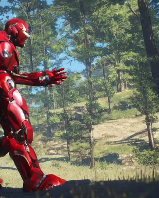 Image similar to iron man styled mech suit in red dead redemption 2, cinematic, photorealistic