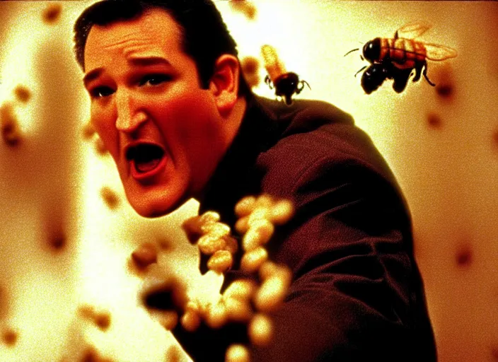 Image similar to film still of ted cruz as the candyman with bees coming out of his mouth in candyman 1 9 9 2