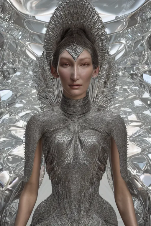 Image similar to a highly detailed 4 k portrait render of a beautiful angel alien goddess bella hadid in iris van herpen dress schiaparelli in diamonds in style of alphonse mucha trending on artstation made in unreal engine 4