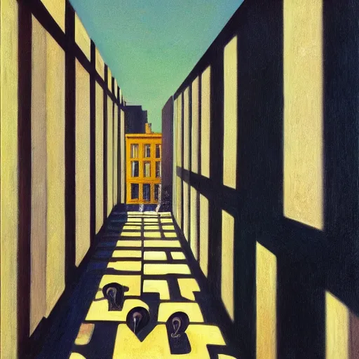 Prompt: first person view of a stark concrete maze, robot prairie dogs, grant wood, pj crook, edward hopper, oil on canvas