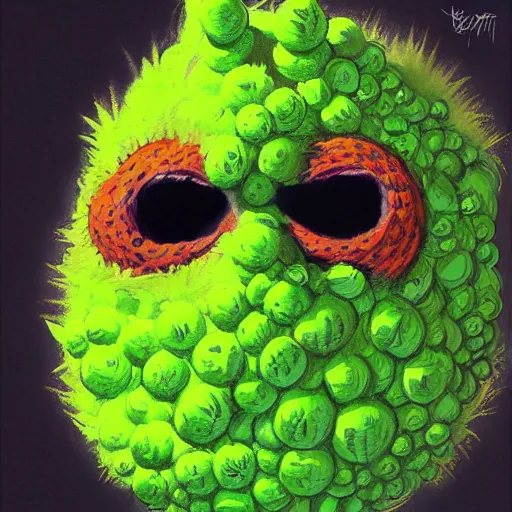 Image similar to a tennis ball monster , orange balaclava, digital art, fantasy, magic, trending on artstation, ultra detailed, professional illustration by Basil Gogos