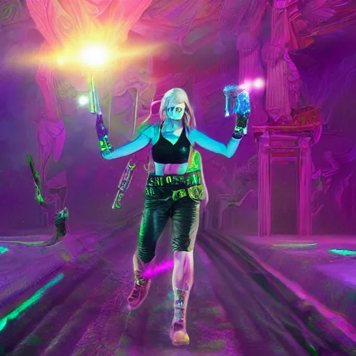 Image similar to Long Shot of psychodelic Sonya Blade in mysterious astral temple jumpin with pistol in river of chromatic SPIRITS , beautiful, dmt, trending on artstation, omnious, soft, hypermaximalistic, high details, cinematic, 8k resolution, artwork by Wong, Liam