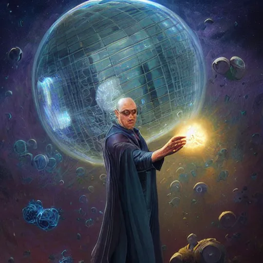 Image similar to the creator of worlds wearing a cloak and holding a holographic planet projection in his hand, detailed, sci - fi, digital painting, artstation, sharp focus, illustration, ominous, artgerm, tomasz alen kopera, peter mohrbacher, donato giancola, joseph christian leyendecker, wlop, frank frazetta