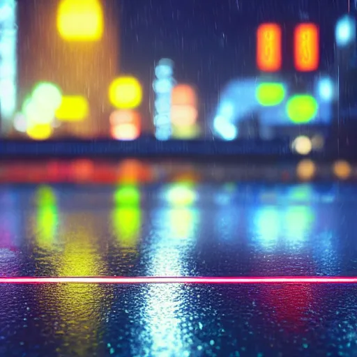 Image similar to digital painting of a futuristic neon city rainy sharp photorealistic octane render, bokeh in the background only