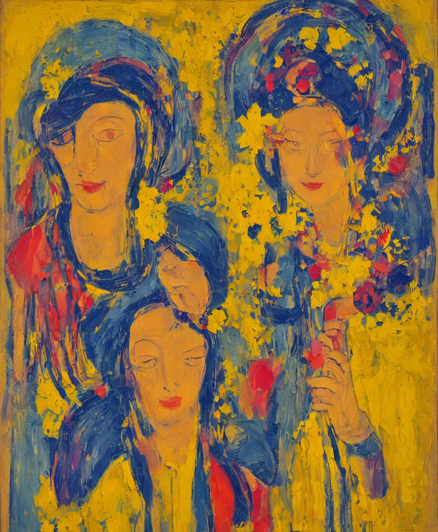 Prompt: portrait of a single priestess with flowers in her hair and a candle in her hand, yellow and blue ribbons, expressive abstractionism, many small saturated hard relief strokes of oil on canvas with high detail