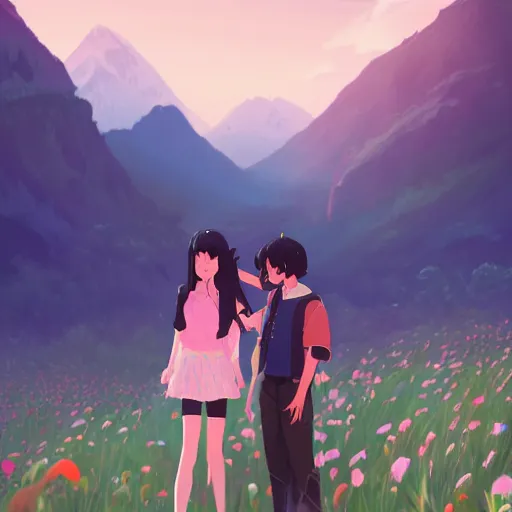 Image similar to one teen girl with long black hair and bangs, one teen boy with black hair, flower fields and mountains in the background, digital painting, artstation, highly detailed, by makoto shinkai and thomas kindle and James gilleard