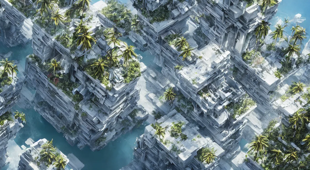 Image similar to a matte painting of high - tech floating city earthquake, concept art, gravels around, coconut palms, weightlessness, reverse, by oksana dobrovolska, vicotr hugo harmatiuk, joon ahn, yang qi, romain jouandeau, quy ho, karol bak, beeple, 4 k, unreal engine, vray render, artstation