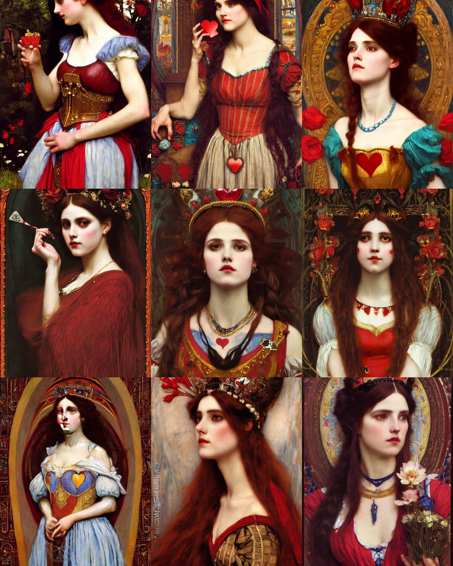 Prompt: \'queen of hearts\' from \'alice in wonderland\', intricate portrait by john william waterhouse and Edwin Longsden Long and Theodore Ralli and Henryk Siemiradzki, very coherent symmetrical artwork. Cinematic, hyper realism, high detail 8k