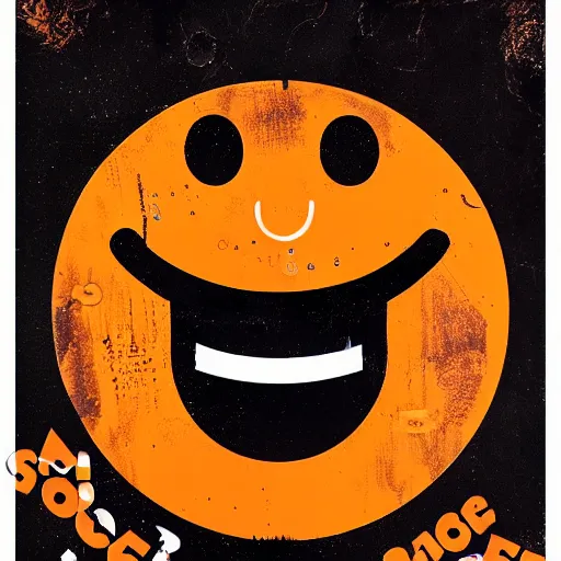 Image similar to acid house rave flyer, poster, smiley face, florescent orange and black