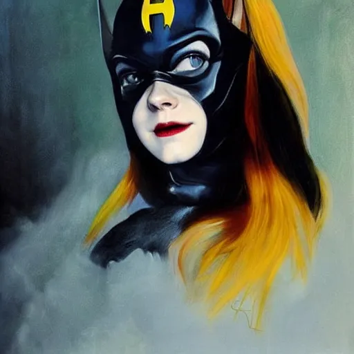 Image similar to a striking hyper real painting of Elle Fanning as batgirl, dark, metal, occult, by Francisco Goya