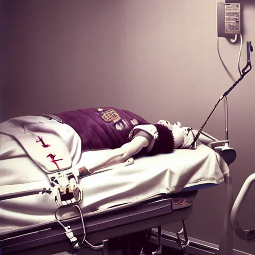 Prompt: hysterical and crazy clown lying in hospital bed with wrist restraints on, restraints straps attached to hospital bed siderails, greg rutkowski, photograph, 8 k