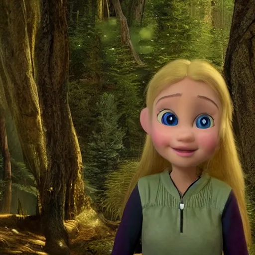 Image similar to young seven year old girl, blond hair green eyes, rinding a gray wolf, in a dark forest, still from a pixar disney movie