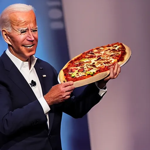 Prompt: joe biden holding a pizza like a newborn baby, award winning candid photography