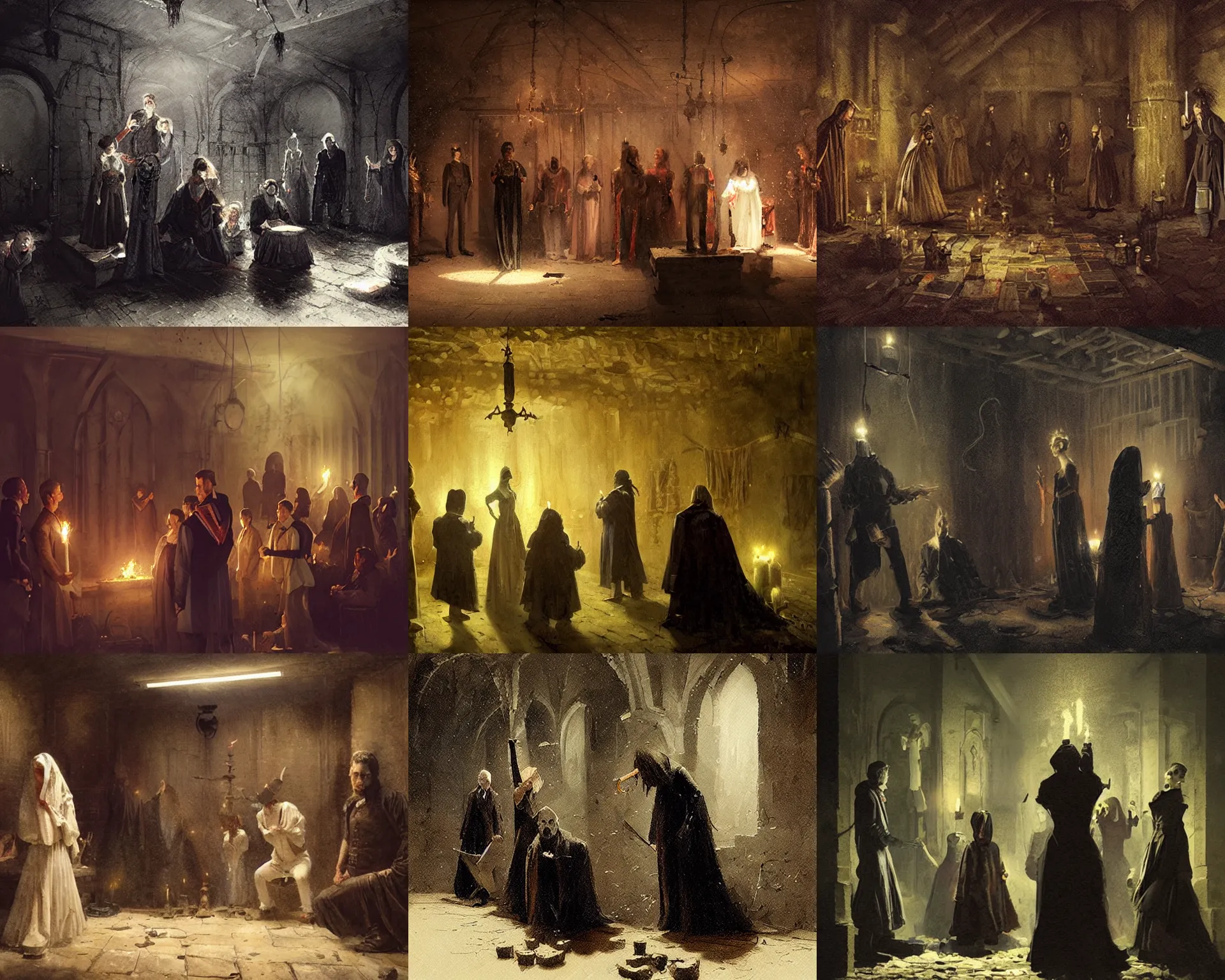 Prompt: nineteenth century aristocrats perform an unholy ritual in a dark basement, art by greg rutkowski
