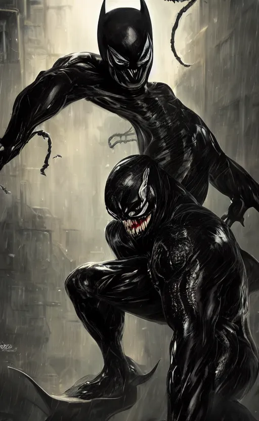 Image similar to venom as batman, dynamic lighting, photorealistic fantasy concept art, trending on art station, stunning visuals, terrifying, creative, cinematic