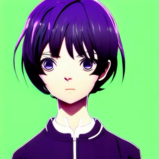 Image similar to anime poster film still portrait, black black black woman, purple colored eyes, purple colored eyes, white french bob, green colored bomber jacket, detailed facial features, dynamic pose, cute face by ilya kuvshinov, yoh yoshinari, makoto shinkai, rimlight, cel shaded, 4 k