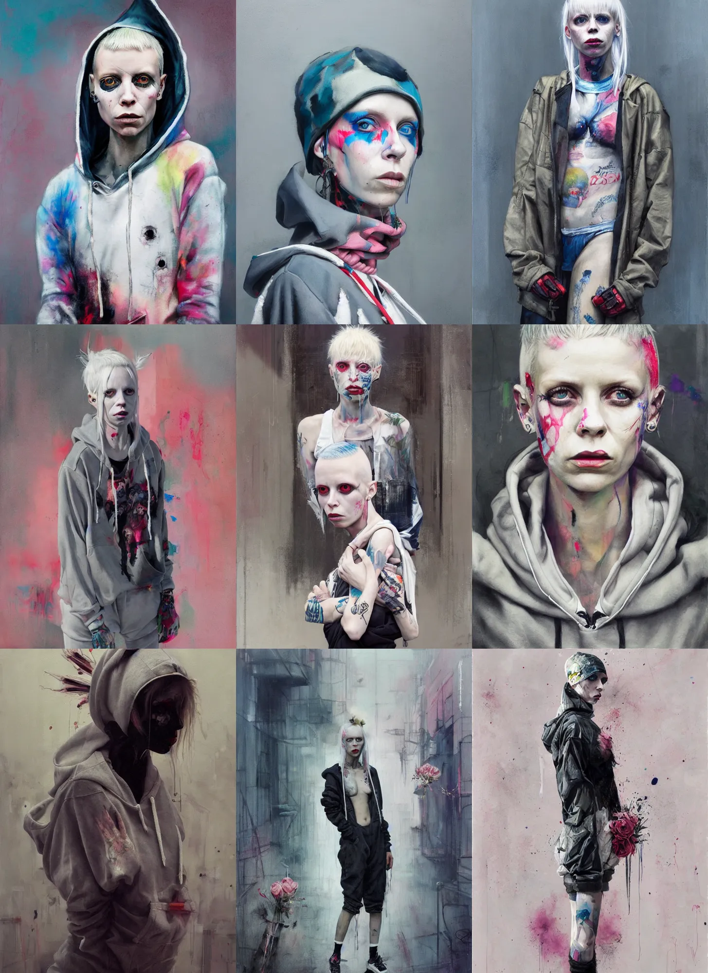 Prompt: painting by martine johanna of yolandi visser wearing a hoodie standing in a township street in the style of jeremy mann, street clothing, haute couture fashion, full figure painting by tom bagshaw, ashley wood, david choe, decorative flowers, pastel palette, die antwoord