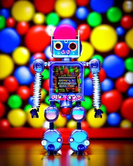 Prompt: cute elaborate epic robot made from candy and pinball machine parts in a crowded city made of arcade machines and buildings made of candy, symmetrical, bubbles everywhere, video game consoles, colored wires, translucent, clear parts, detailed by pokedstudio, rendered in blender, 3 d models