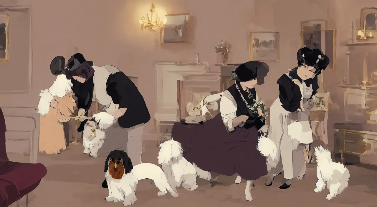 Prompt: queen of england placing the victoria cross around the neck of a cream - colored havanese dog, england, 1 9 0 0, tartakovsky, atey ghailan, goro fujita, studio ghibli, rim light, happy, warm lighting, clear focus, very coherent