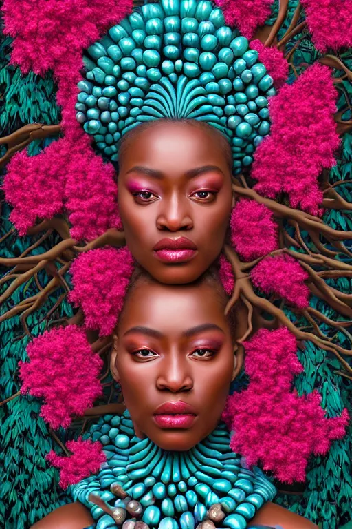 Image similar to hyperrealistic neo - rococo cinematic super expressive! yoruba goddess with exoskeleton armor, merging with tree in a forest, pink red flowers, highly detailed digital art masterpiece, smooth cam de leon eric zener dramatic pearlescent soft teal light, ground angle hd 8 k, sharp focus