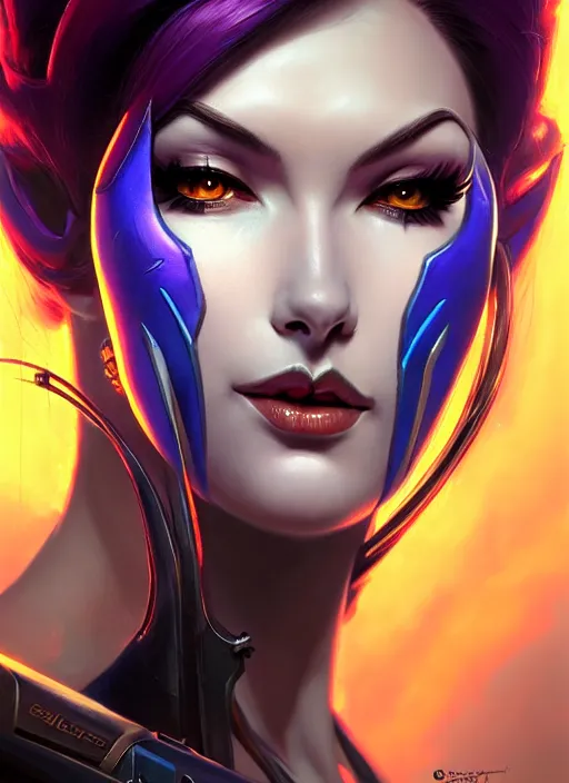 Prompt: epic widowmaker portrait from overwatch, fantasy, fantasy art, character portrait, portrait, close up, highly detailed, scifi art, intricate detail, amazing detail, sharp focus, vintage fantasy art, vintage sci - fi art, radiant light, trending on artstation, caustics, by boris vallejo