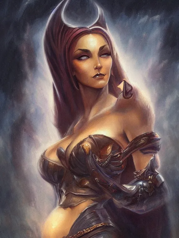 Image similar to a portrait of a beautiful female wizard, full face, beautiful clothes, style of Boris Vallejo and Frank Frazetta, very detailed, fantasy art, rule of thirds, trending on artstation and deviantart