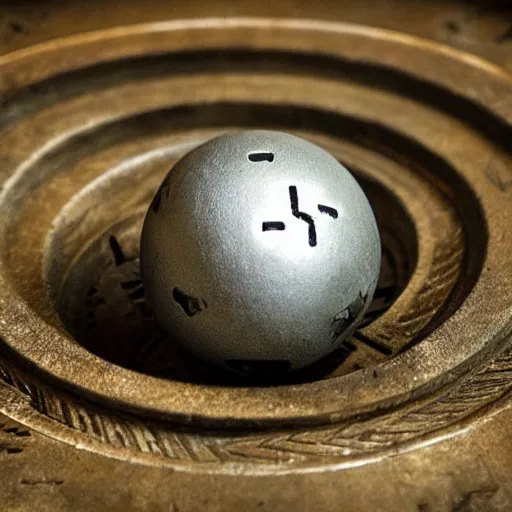 Prompt: an iron ball with weird symbols engraved on it, the ball is on a pedestal. the light enter the room by a hole in the ceiling. close - up. cyberpunk.