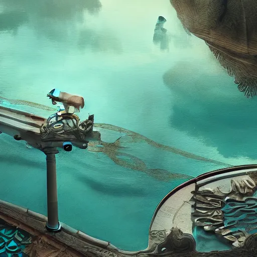 Image similar to beautiful symmetrical boy on a skateboard ramps over the pond surrounded by machine axonometric fantasy intricate elegant highly detailed in volumetric turquoise steampunk, high contrast cinematic light, mystical shadows, octane render, photographic, concept art, art high renaissance art, unreal engine 8 k