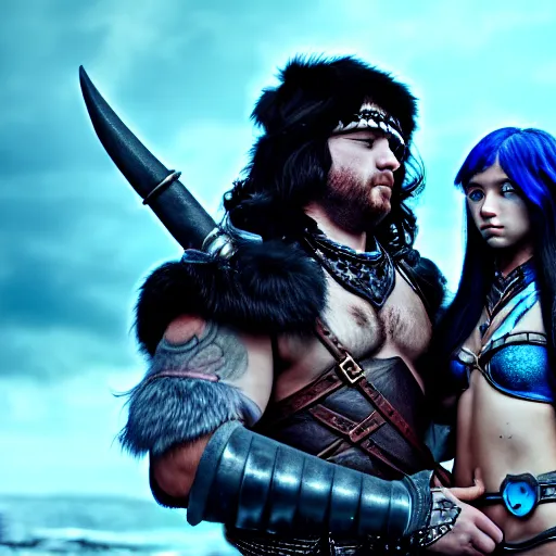 Image similar to a male DND barbarian wearing leather armor and fur holding a small blue-skinned Triton girl with black hair, high resolution film still, 4k, HDR colors, a dnd Triton girl with blue skin and messy black hair