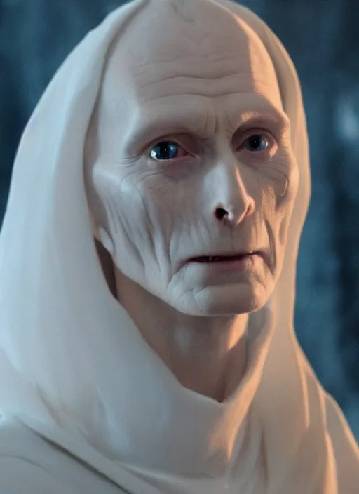 Image similar to film still of tilda swinton as voldemort in harry potter, 4 k, no nose