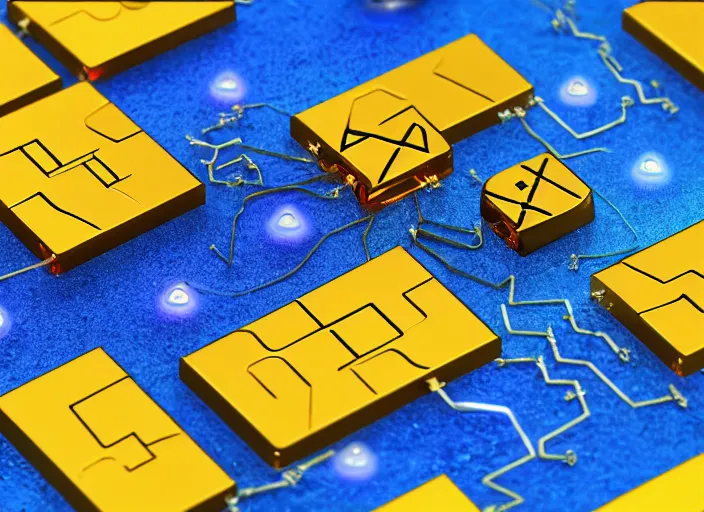 Prompt: render of a single flat square magic golden computer chip with runes and a glowing blue crystal in the center, mana flowing around it and smoke on a flat background, product photo, macro, dynamic composition, hyperrealism, octane render, trending on artstation, unreal engine 5, 4 k, 8 k