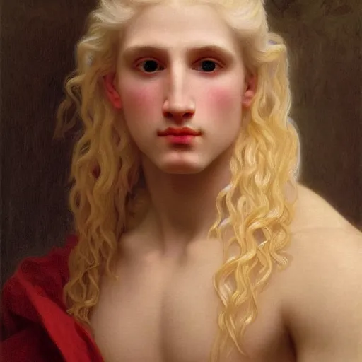 Image similar to PORTRAIT Painting of an albino germanic male Venus Apollo. LONG CURLY light blond hair. Sharp angular face high cheekbones hooked nose. Art by william adolphe bouguereau. During golden hour. Extremely detailed. Beautiful. 4K. Award winning.