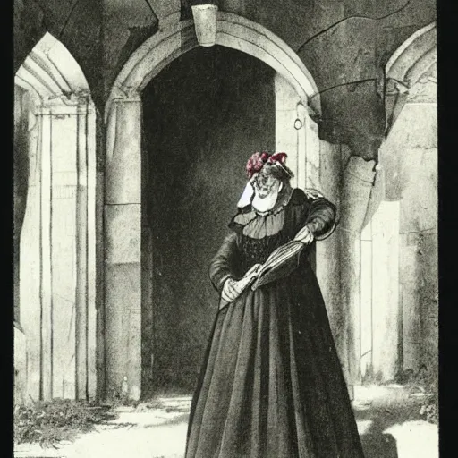 Prompt: an old woman by the ruins, a mid - nineteenth century engraving by toshiko okanoue, deviantart, german romanticism, pre - raphaelite, chiaroscuro, rococo