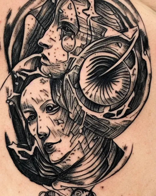 Image similar to planets on the top of a broken renaissance head statue, realism tattoo design, in the style of da ink