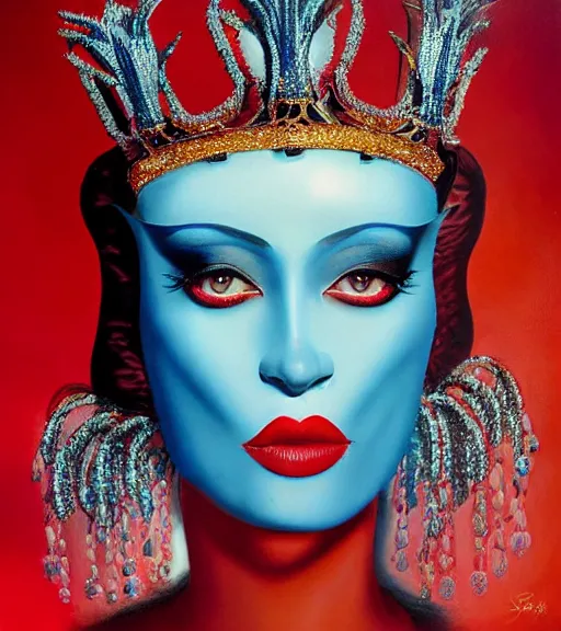 Prompt: an 8 0 s close - up airbrush portrait of a woman with dark blue eye shadow and red lips with dark slicked back hair, a mask of beads and jewels hanging from a crown by serge lutens, rolf armstrong, delphin enjolras, peter elson, background of classic red cloth