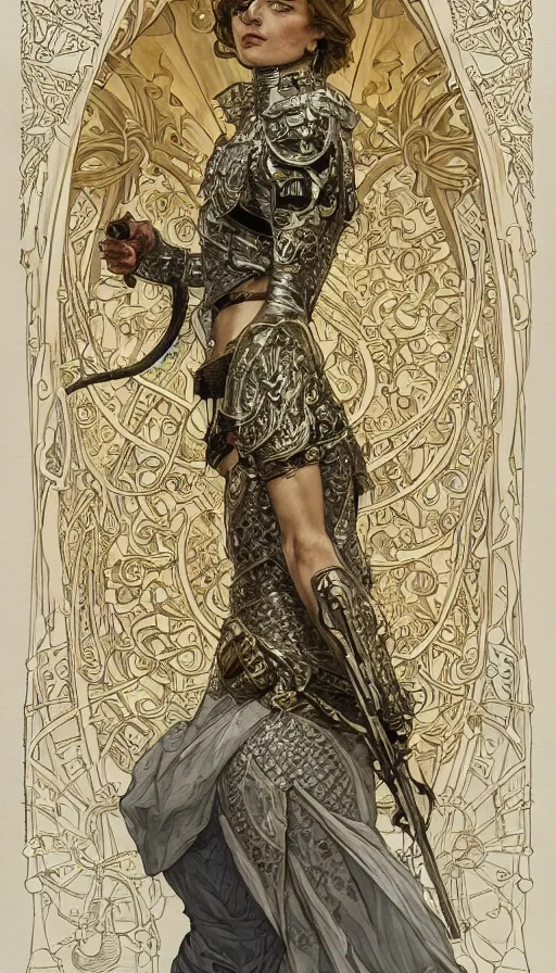 Image similar to soldiers in silver armor, highly detailed, very intricate, art nouveau, gold filigree, left right symmetry, tarot concept art watercolor illustration by mandy jurgens and alphonse mucha and alena aenami, featured on artstation