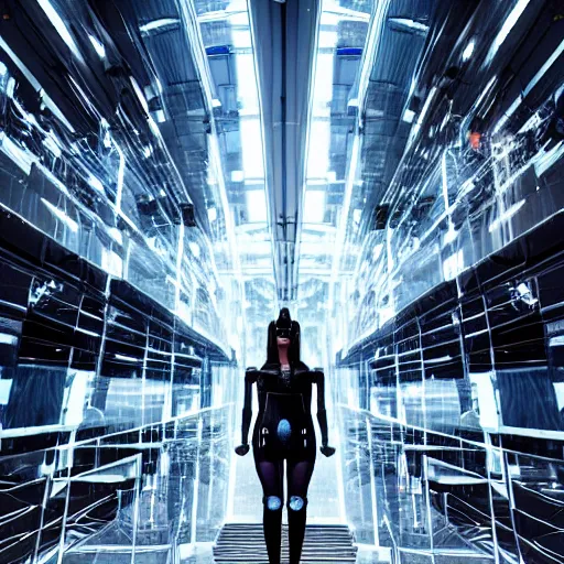 Prompt: cyberpunk girl wearing robotic clothing, standing on glass stairway looking down into the abyss