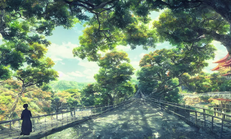 Prompt: kyoto animation still of confusion and fear, bridge, rural landscape, wide shot, dynamic lighting, vivid colors, high detail, award winning