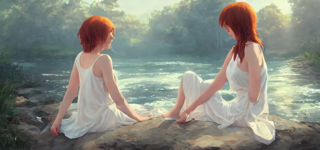 Image similar to southern ginger woman in simple cream dress sitting beside a river, airbrushed, hazy, gentle, soft lighting, wojtek fus, by makoto shinkai and ilya kuvshinov,