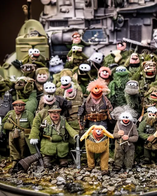 Image similar to high quality presentation photo of a detailed miniature diorama muppets in wwii, photography 4k, f1.8 anamorphic, bokeh, 4k, Canon, Nikon