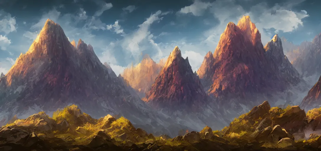 Prompt: vast mountain landscape, craggy, mountains, magic the gathering, three - colors, three - color color palette, panoramic, wide angle, horizon, 4 k resolution,